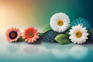 combination of vector illustration and flowers on multi color background, very beautiful eye catching background, serene colors  