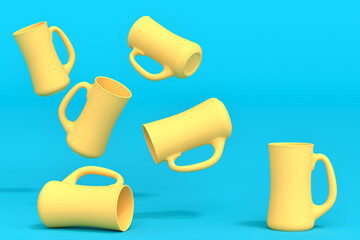 Set of yellow glasses of fresh draft beer on a green monochrome background.