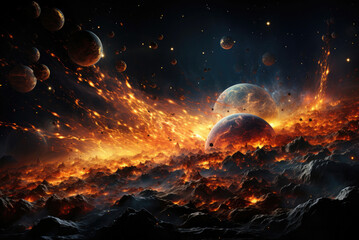 Fantastic landscape of a lifeless incandescent planet with stars in space and asteroids