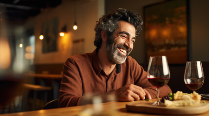 Man tastes an assortment of cheeses with wine at a restaurant - obrazy, fototapety, plakaty