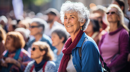 Close up portrait of female activist standing in a crowd of women during demonstration for women's rights - obrazy, fototapety, plakaty
