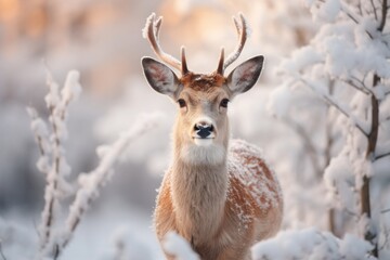 Naklejka na ściany i meble Male roe deer portrait in the winter forest. Animal in natural habitat. Wildlife scene. Snow fell on the trees.