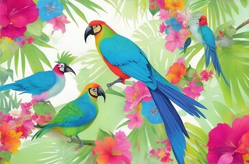 Birds on a branch - Bright collage with exotic birds and tropical leaves. Floral decoration. Abstract nature background