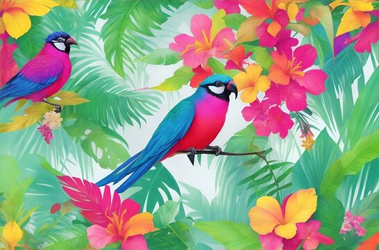 Parrot on a branch - Bright collage with exotic birds and tropical leaves. Floral decoration. Abstract nature background