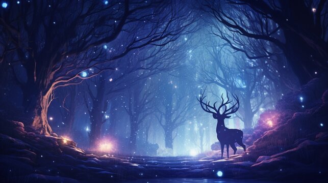 A magical forest with creatures playing in the snow under a canopy of sparkling digital stars.