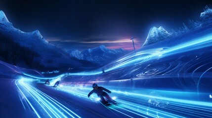 A virtual ski resort with guests enjoying a high-speed race down a glowing slope.