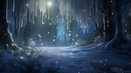 An enchanted forest with beings crafting virtual snowflakes that come to life.