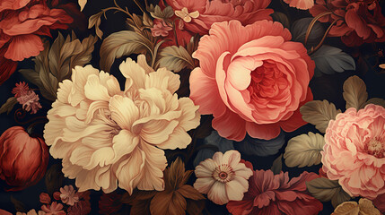 Exquisite vintage botanical wallpaper adorned with a fantasy floral bouquet, presenting a timeless motif suitable for digital floral print backgrounds