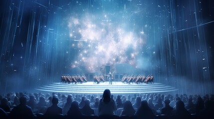 An orchestra playing a symphony of snowflakes in a grand virtual concert hall.