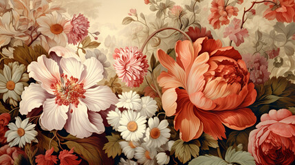 Exquisite vintage botanical wallpaper adorned with a fantasy floral bouquet, presenting a timeless motif suitable for digital floral print backgrounds