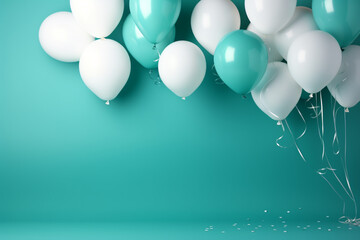 türkis cyan und weiße Ballons mit Platz für Text. Querformat. Generative Ai.