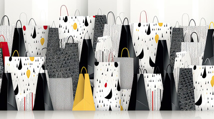 An understated 2D vector pattern of black and white shopping bags against a clean white backdrop. Occasional accents of red and yellow lend a touch of visual interest.