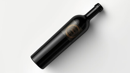 A realistic mockup of a wine bottle with label isolated on white background top view.
