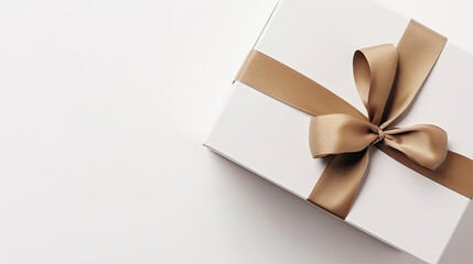 A detailed mockup of a gift box with ribbon isolated on white background top view.