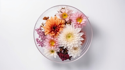 A sharp mockup of a flower vase with flowers isolated on white background top view.