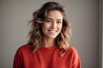 Close up portrait of pretty cheerful brunette lady in stylish red sweatshirt, clothing, isolated on gray color background.