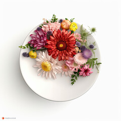 A sharp mockup of a flower vase with flowers isolated on white background top view.
