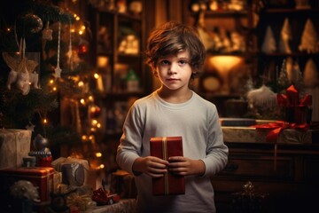 Fototapeta premium Curly-haired little boy with christmas gift near the christmas tree on bokeh background