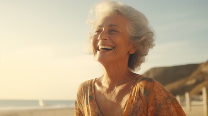 Vibrant Senior. Embracing the Beauty of Life with Laughter on the Beach
