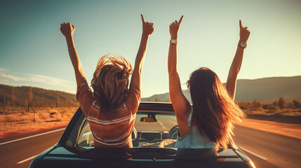 Des jeunes filles heureuses, assises de dos à l'arrière d'une voiture cabriolet en route, prêtes à voyager.  - obrazy, fototapety, plakaty