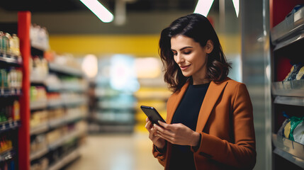 Gros plan sur une femme dans les rayon d'un supermarché en train de vérifier sa liste de course sur son smartphone.
