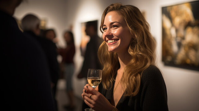 Woman stands with a glass of champagne during an exhibition at the gallery