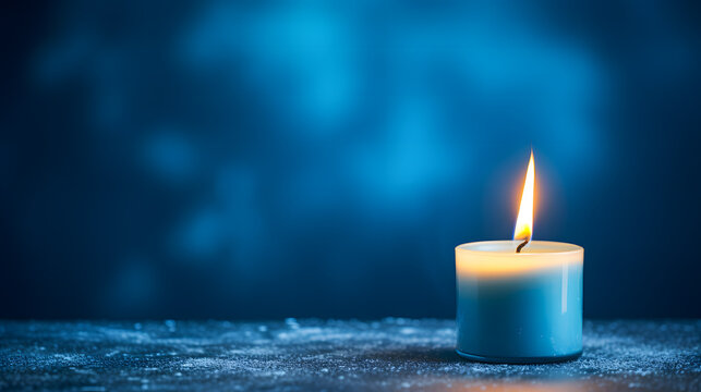 Une bougie allum&eacute;e sur un table dans le cadre des f&ecirc;tes de no&euml;l. En arri&egrave;re plan, un fond bleu. 