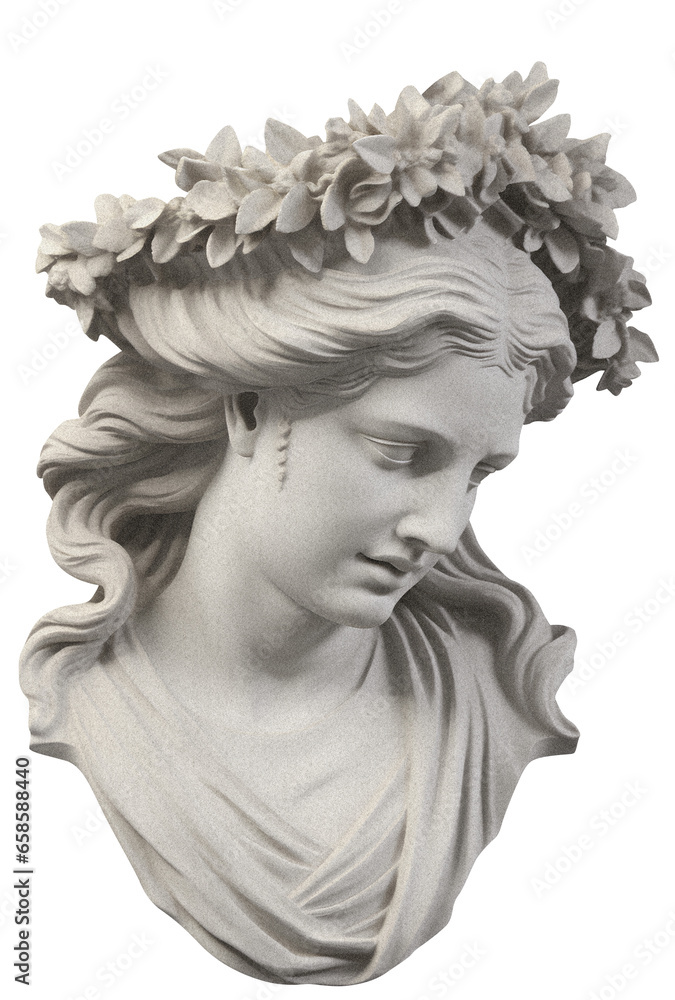 Wall mural greek bust of a goddess with a wreath on her head on a transparent background, with a grainy texture