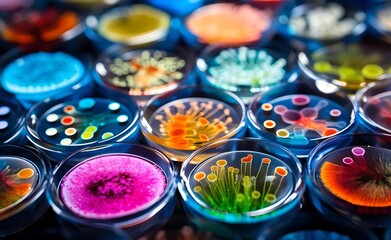 Colorful variety of microorganism inside petri dish plate in laboratory.  - obrazy, fototapety, plakaty
