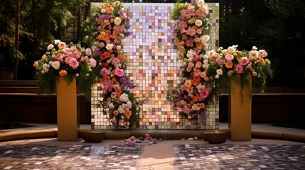 A mosaic podium at an outdoor wedding ceremony, adorned with fresh flowers.