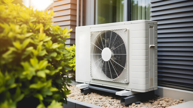 Pompe &agrave; chaleur &agrave; air install&eacute;e &agrave; l'ext&eacute;rieur d'une maison pour am&eacute;liorer son efficacit&eacute; &eacute;nerg&eacute;tique.