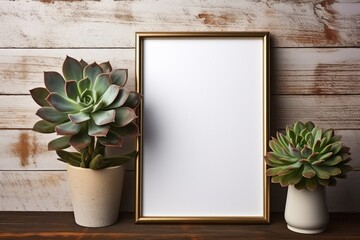 frame with blank poster mockup on wooden table with green succulent in pot.