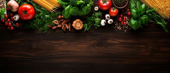Italian spaghetti basil garnish herbs on black wooden board background, delicious Italian pasta on dark wood table counter, text copy space, top down view, flat lay, generative ai