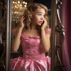Fototapeta premium Narcissist princess girl wearing pink dress and admiring her reflection in mirror wondering 