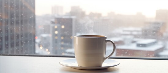 Cup of coffee on the windowsill in winter