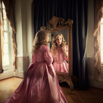 Narcissist princess girl wearing pink dress and admiring her reflection in mirror  wondering "Mirror, mirror on the wall - who is the fairest one of all?" - elegant royal palace bedroom interior