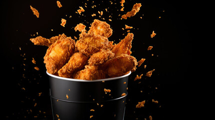 Tasty deep fried chicken wings in paper box on dark background
