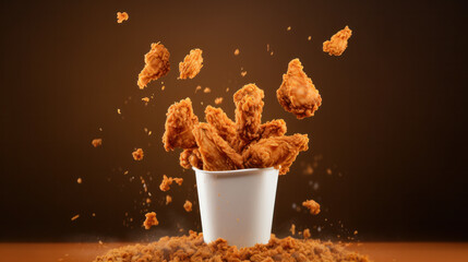 Tasty deep fried chicken wings in paper box on dark background - obrazy, fototapety, plakaty