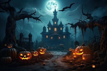 Halloween background with pumpkins and haunted house. Halloween background with Evil Pumpkin. Spooky scary dark Night forrest. Holiday event halloween banner background concept - obrazy, fototapety, plakaty