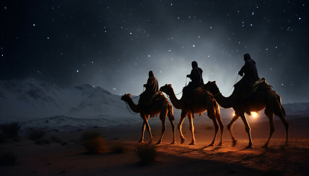 Recreation of the Biblical Magi on camel at night