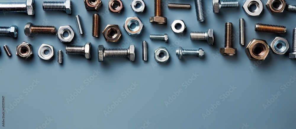 Poster various sizes of bolts nuts and more isolated pastel background copy space