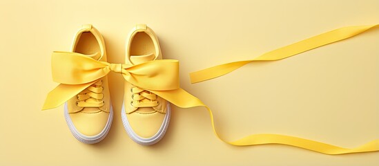 Yellow shoelaces tied in a basic bow against a isolated pastel background Copy space - obrazy, fototapety, plakaty