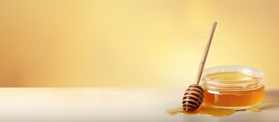 Wooden stick and golden honey on isolated pastel background Copy space