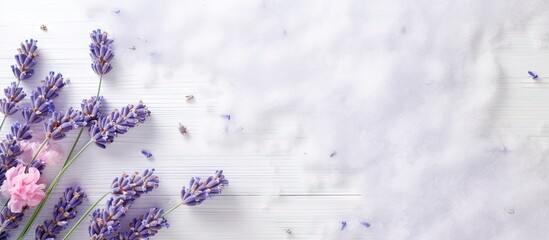 White table displaying fresh salt made from lavender isolated pastel background Copy space