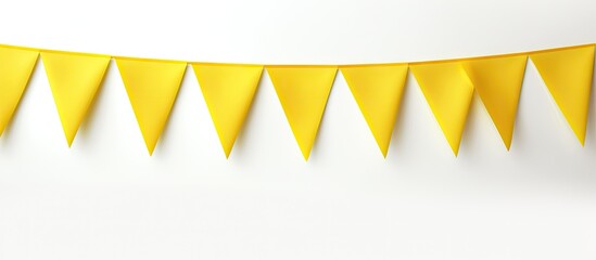 white bunting with yellow flags isolated pastel background Copy space - obrazy, fototapety, plakaty
