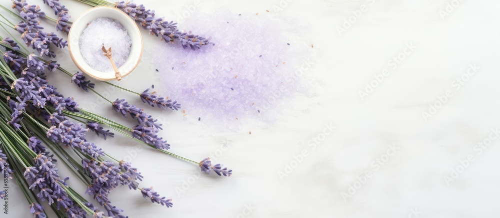 Poster white table displaying fresh salt made from lavender isolated pastel background copy space