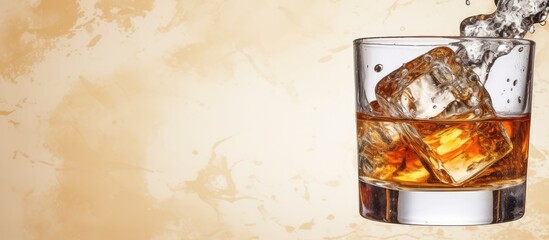Whiskey being poured into ice filled glass on a isolated pastel background Copy space