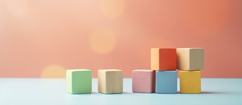Wooden blocks in geometric shapes for toddlers isolated on a isolated pastel background Copy space