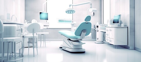 Interior of a modern dental office with blue chair and equipment