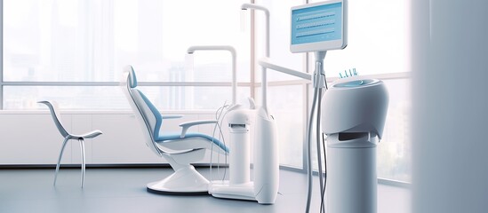 Interior of a modern dental office with blue chair and equipment